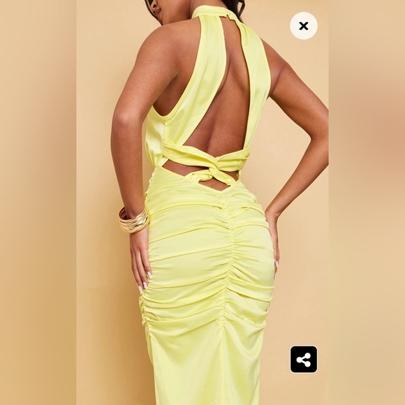 PrettyLittleThing Satin Yellow Dress - Picture 2 of 7